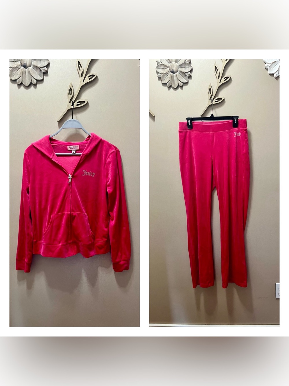 Juicy Couture Hot Pink Velour Zip Hoodie & Pants Set Size Medium